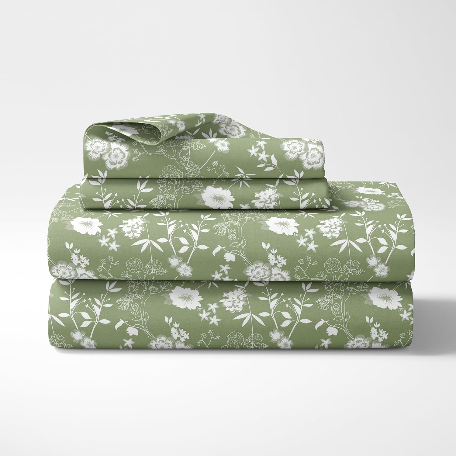 Olive Green Floral Whisper Soft & Breathable 100% Cotton Flat Double Bedsheet, 144 TC