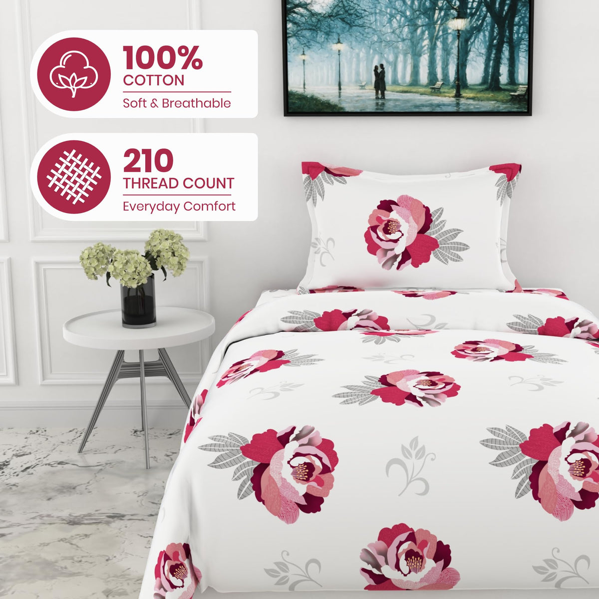 Wine & Pink Floral Single Bedsheet - 210 TC 100% Cotton with 1 Pillow Cover (58 x 88 Inches)