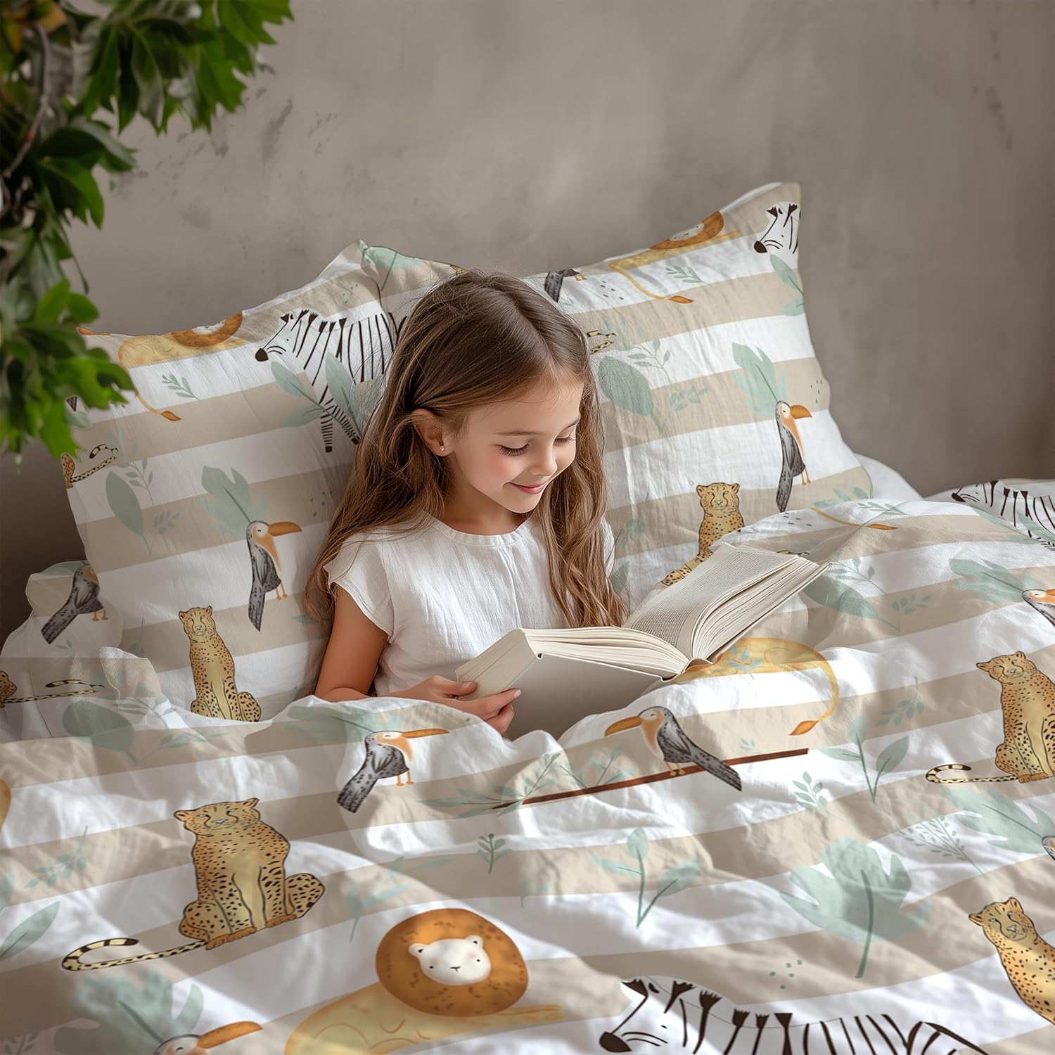 Jungle Beige & Green Adventure Soft & Breathable 100% Cotton Flat King Bedsheet, 144 TC