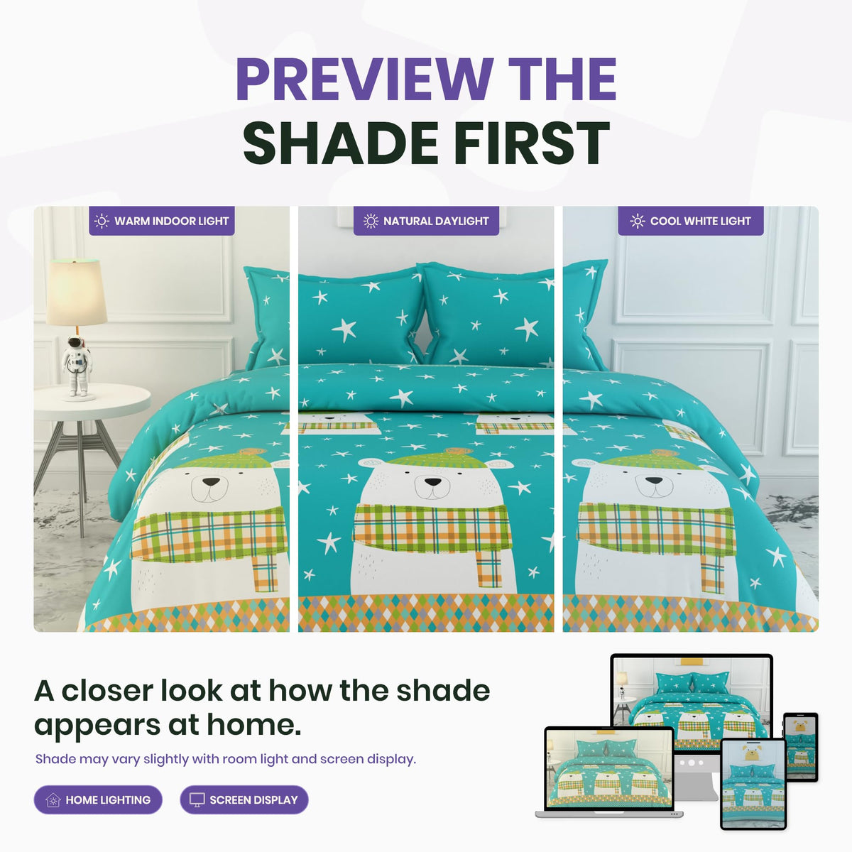 Teal Bear 186 TC Cotton King Size Bedsheet with 2 Pillow Covers - Soft, Durable & Gift-Ready (108 x 108 Inches)