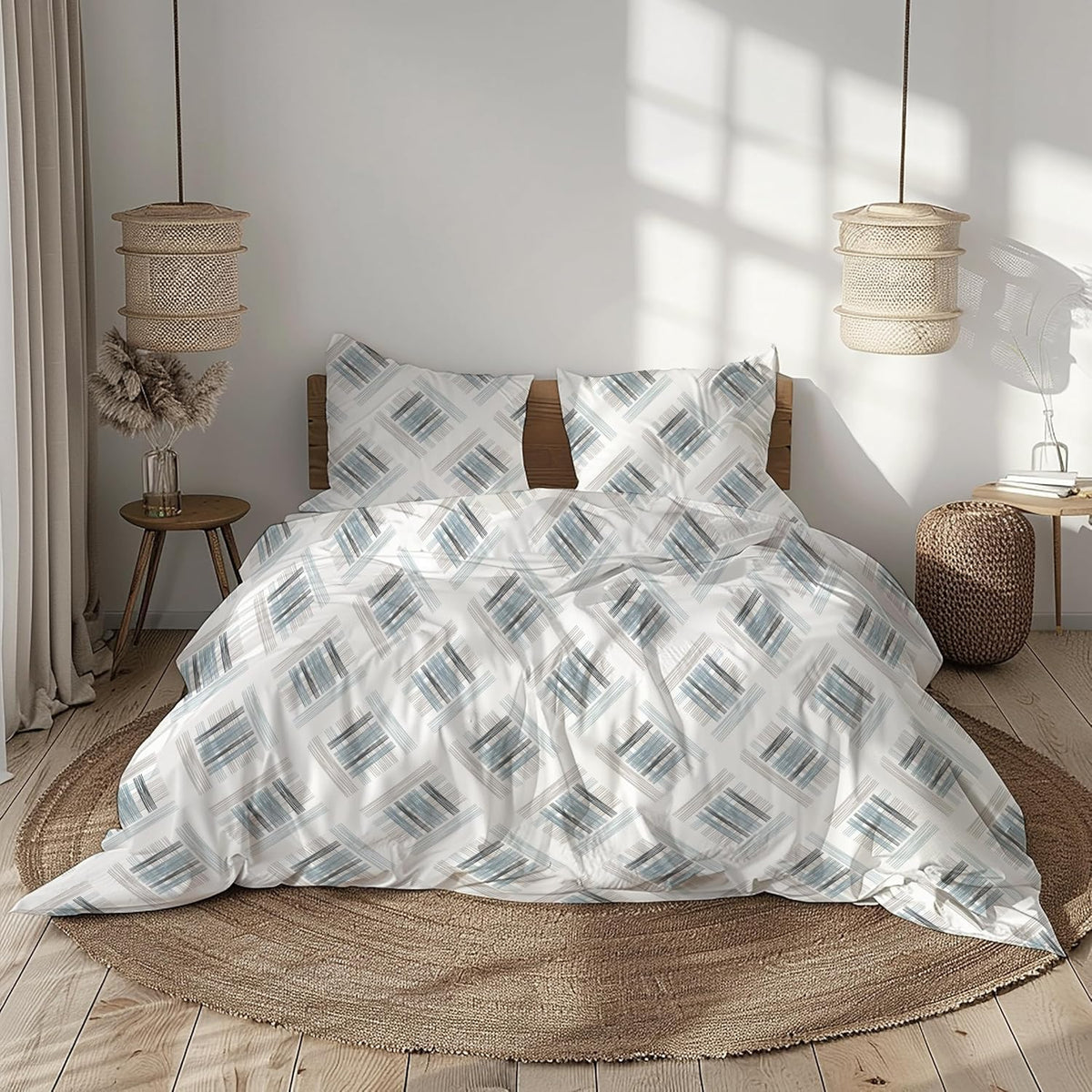 Mist & Charcoal Grid 186 TC Cotton King Size Fitted Bedsheet with 2 Pillow Covers - All-Around Elastic, 78 x 72 Inches