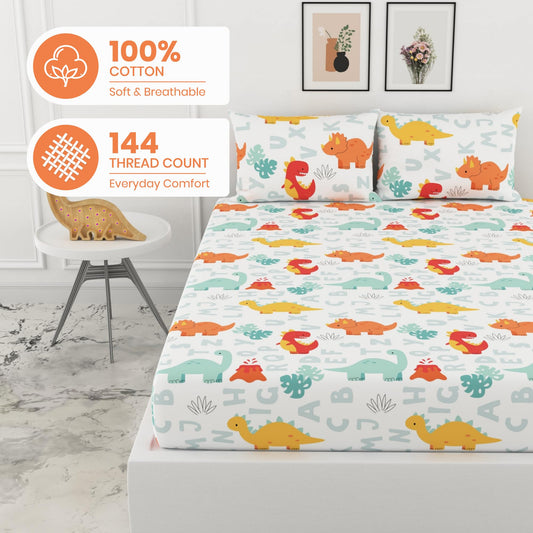 Orange & Mint Alphabet 100% Cotton Double Fitted Bedsheet with 2 Pillow Covers, 144 TC, 78 x 60 Inches