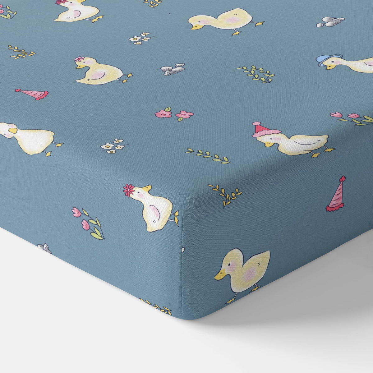 Pastel Blue Duck Party 100% Cotton Double Fitted Bedsheet with 2 Pillow Covers, 144 TC, 78 x 60 Inches
