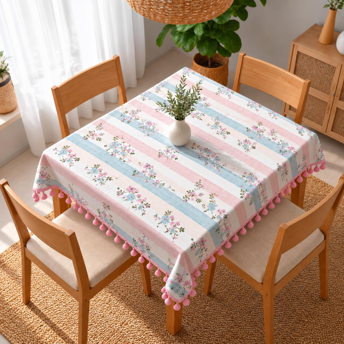 Loreto Blush Pink Floral Vines Cotton Dining Table Cover | 48 x 48 Inches - main product image
