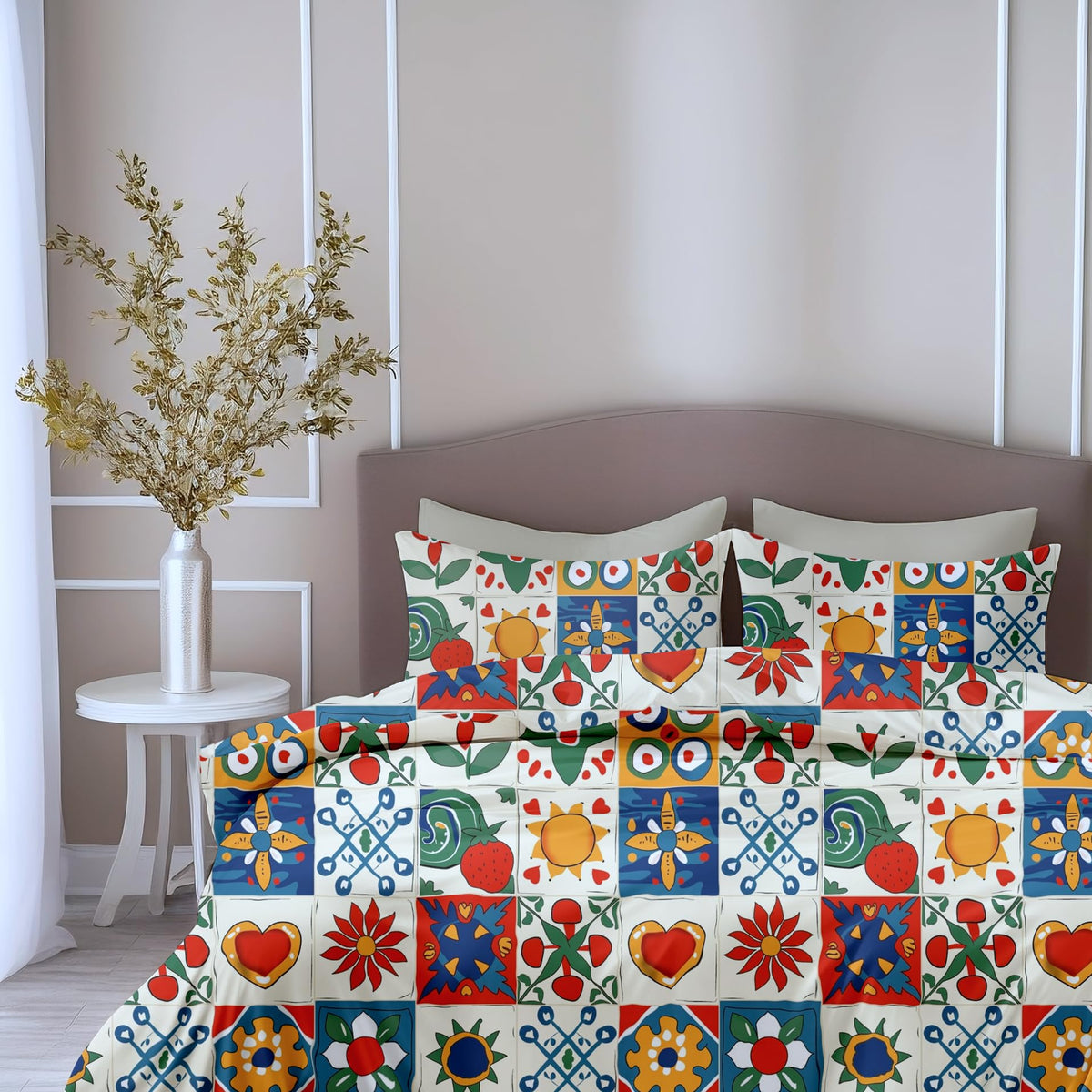 Loreto Cotton Double Bedsheet | Cherry Red & Cobalt Blue Soft & Breathable