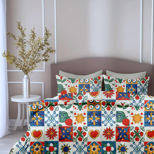 Loreto Cotton Double Bedsheet | Cherry Red & Cobalt Blue Soft & Breathable