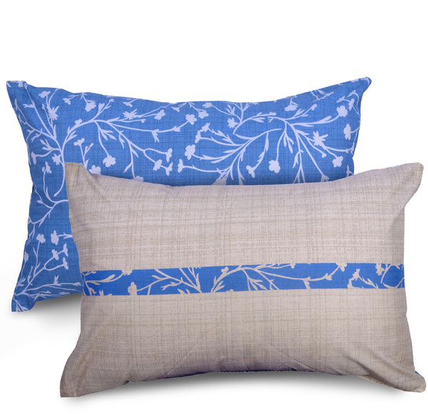 Loreto Cotton Pillow Cover | Blue Botanical & Beige Texture 144 TC Cotton Set of 2 - Soft, Breathable & Durable (17 x 27 Inches)