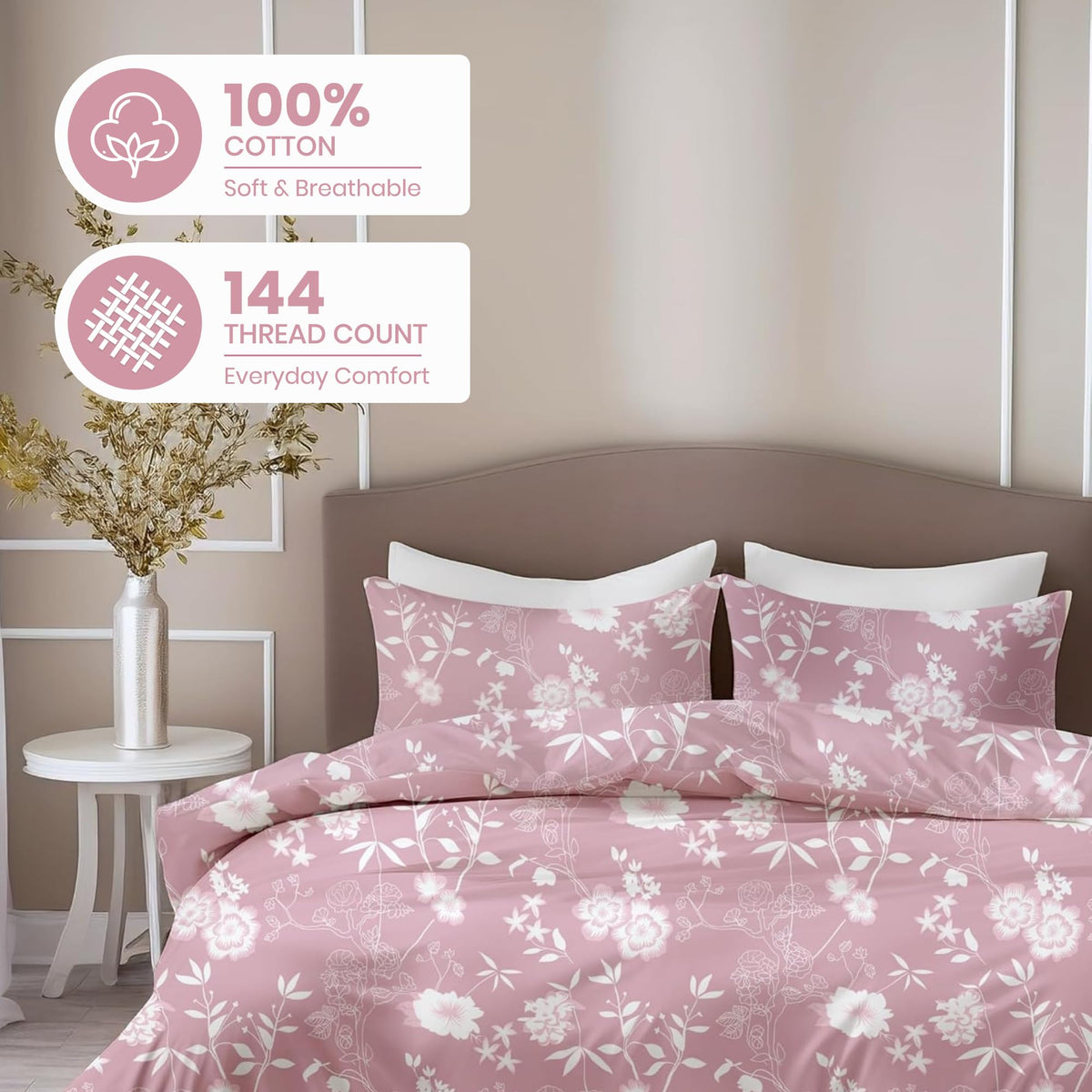 Blush Pink Vine Blooms Soft & Breathable 100% Cotton Flat King Bedsheet, 144 TC