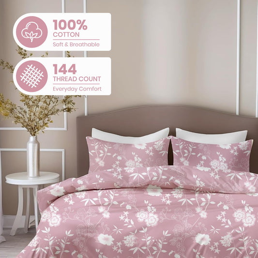Blush Pink Vine Blooms Soft & Breathable 100% Cotton Flat King Bedsheet, 144 TC
