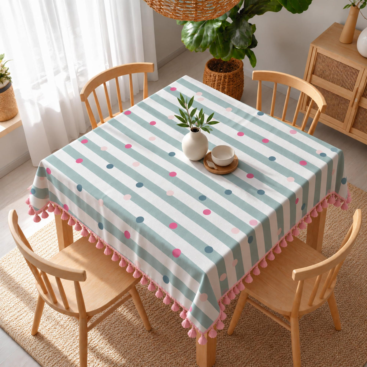 Loreto Sage Pink Confetti Stripes Cotton Dining Table Cover | 48 x 48 Inches - main product image