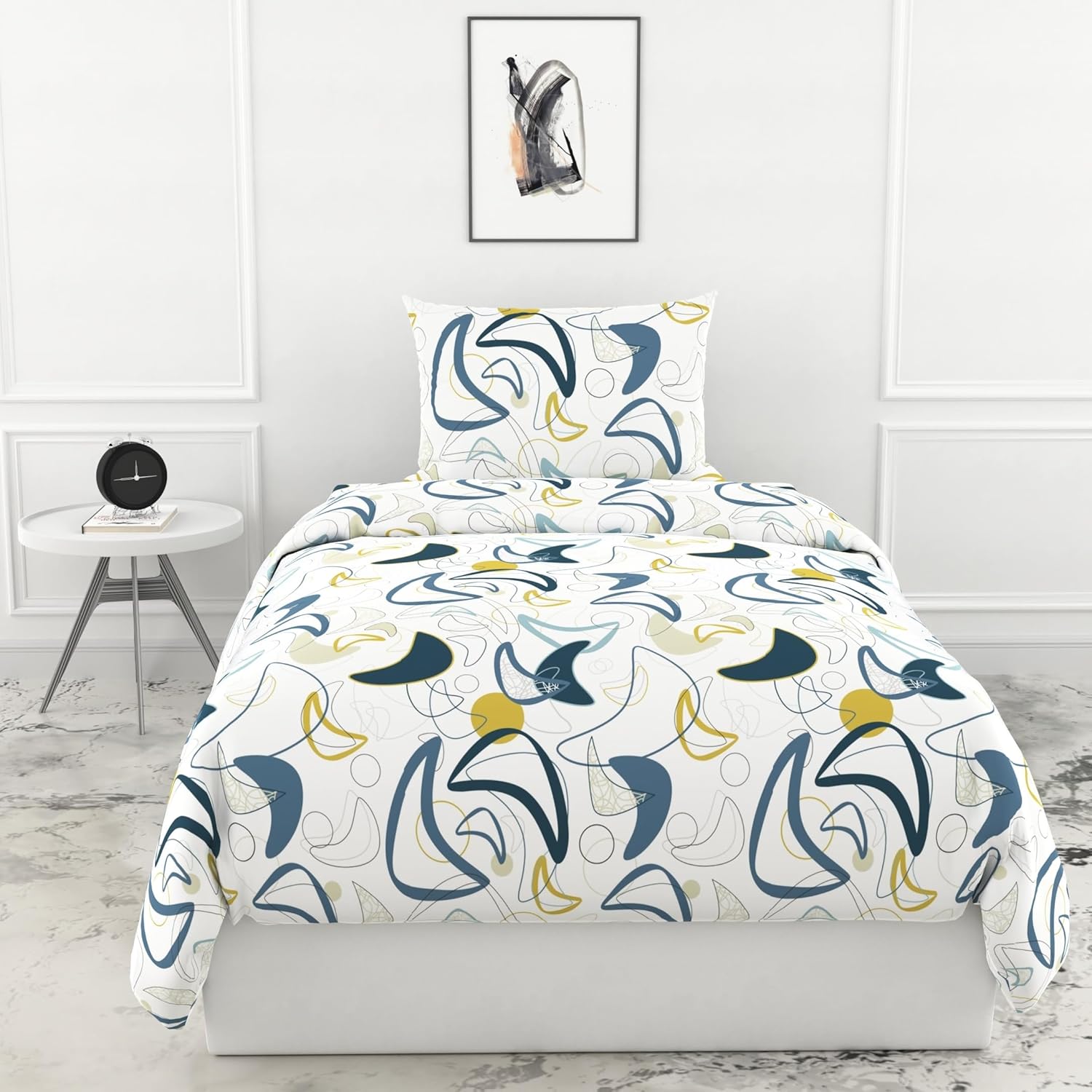 Loreto Cotton Single Bedsheet | Deep Blue & Olive Abstract Waves Soft & Breathable