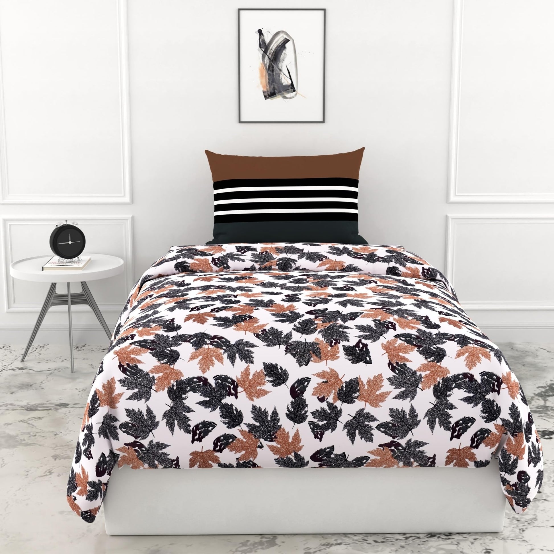 Loreto Cotton Single Pillow Cover | Frosted Charcoal Leaf Pattern 100% Pure Cotton Bed Sheet with | Soft & Breathable | 54 x 84 Inches, 144 TC