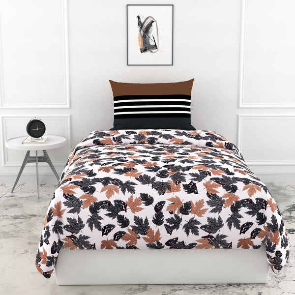Loreto Cotton Single Pillow Cover | Frosted Charcoal Leaf Pattern 100% Pure Cotton Bed Sheet with | Soft & Breathable | 54 x 84 Inches, 144 TC