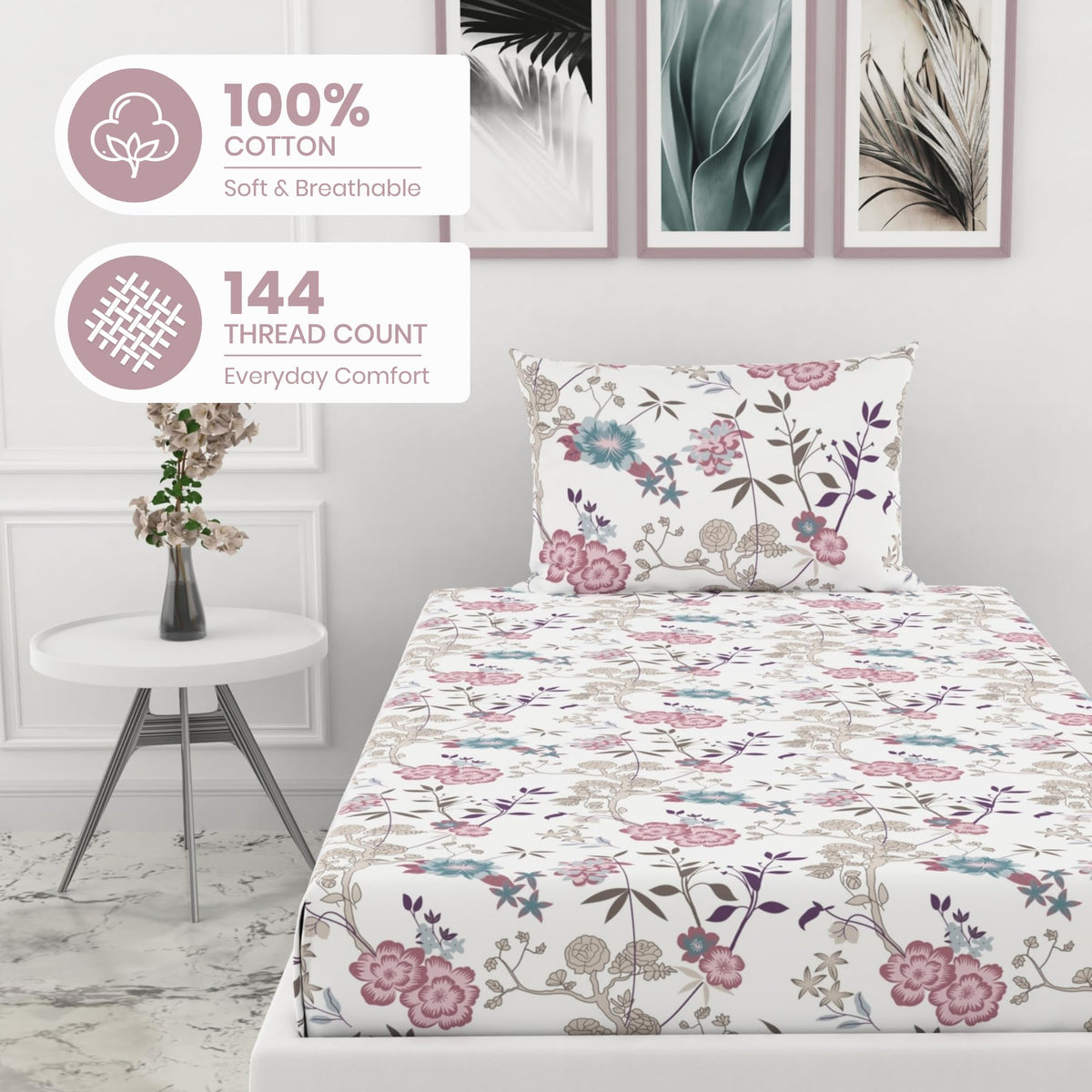 Pink & Teal Floral 144 TC 100% Cotton Elastic Fitted Single Bedsheet with 1 Pillow Cover - 78 x 36 Inches