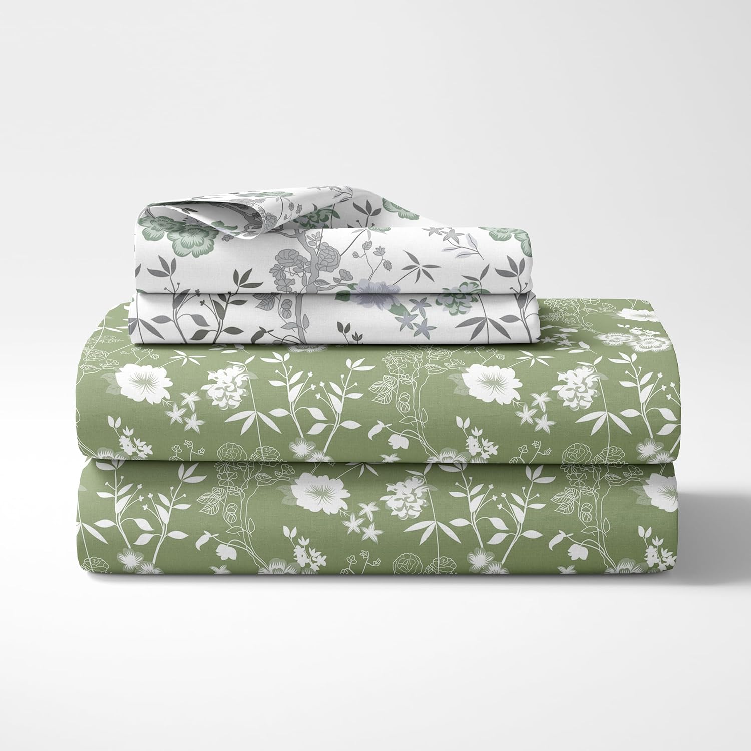 Olive Green Floral Elegance Soft & Breathable 100% Cotton Flat Double Bedsheet, 144 TC