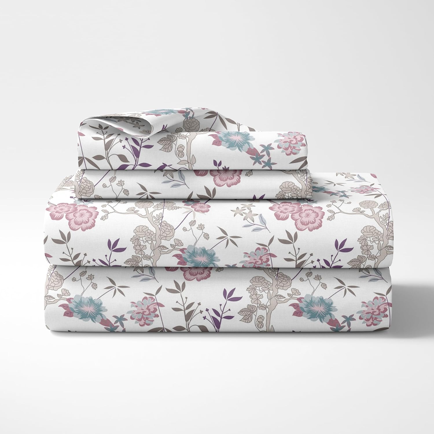 Blush Pink & Teal Floral Vines Soft & Breathable 100% Cotton Flat Double Bedsheet, 144 TC