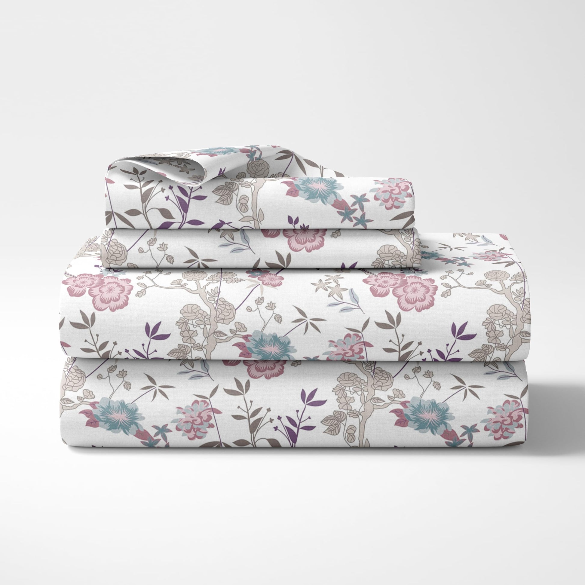 Loreto Cotton Double Fitted Bedsheet | Elegant Pink & Teal Vines