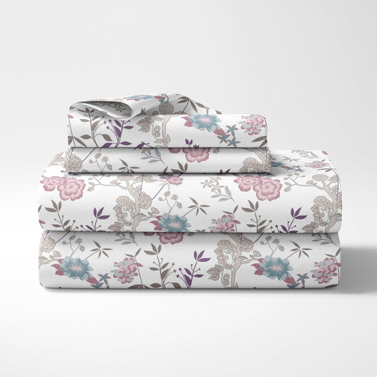 Loreto Cotton Double Fitted Bedsheet | Elegant Pink & Teal Vines