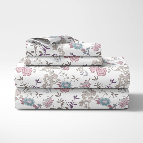 Loreto Cotton Double Fitted Bedsheet | Elegant Pink & Teal Vines