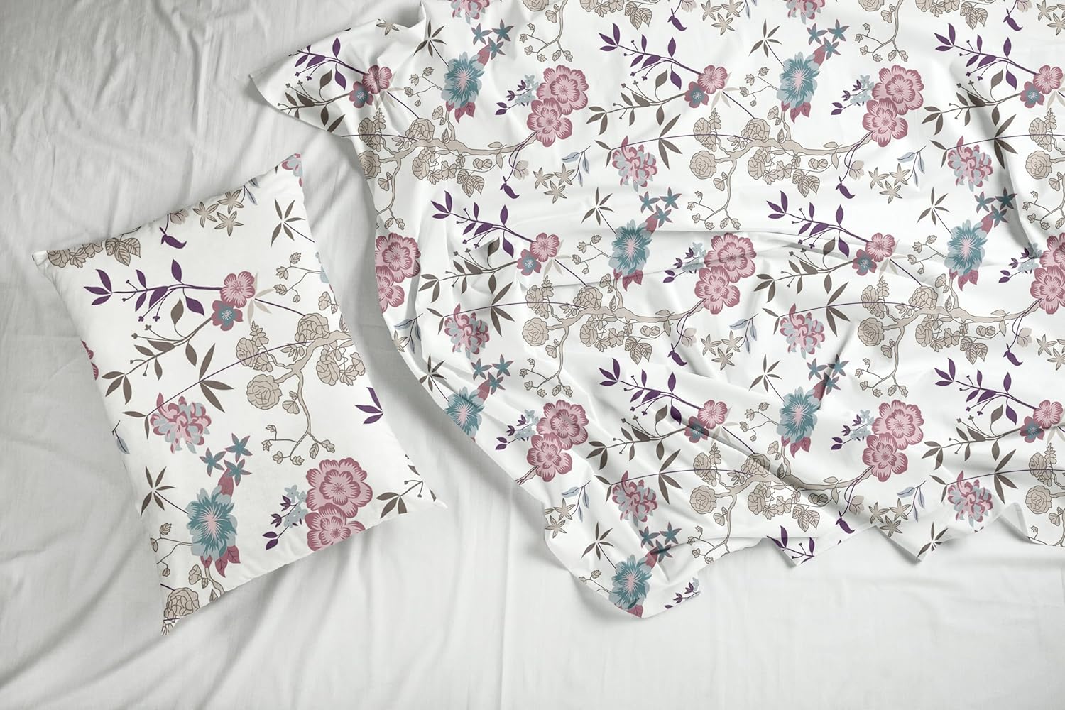 Blush Pink & Teal Floral Vines Soft & Breathable 100% Cotton Flat Double Bedsheet, 144 TC