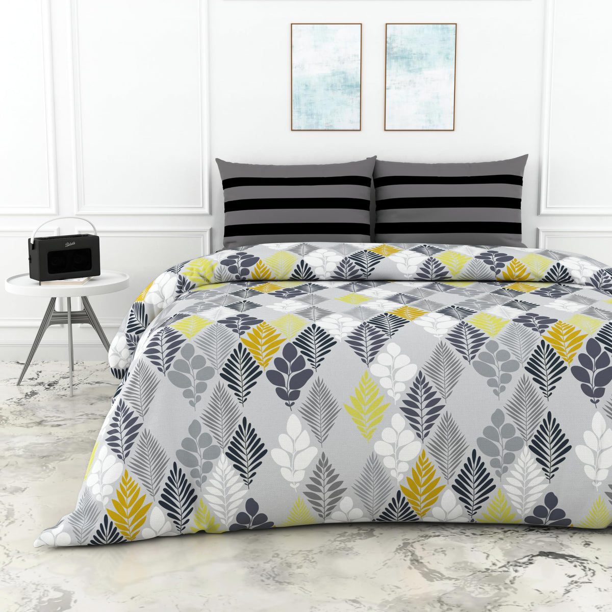 Loreto Cotton Double Bedsheet | Jadeite Grey and Yellow Floral