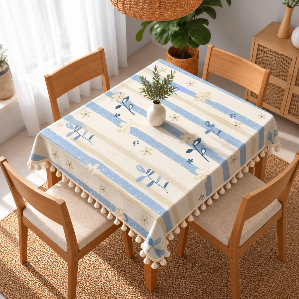 Loreto Powder Blue Daisy Stripes Cotton Dining Table Cover | 48 x 48 Inches - main product image