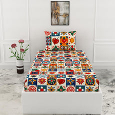 Loreto Cotton Single Fitted Bedsheet | Red & Cobalt Blue 144 TC