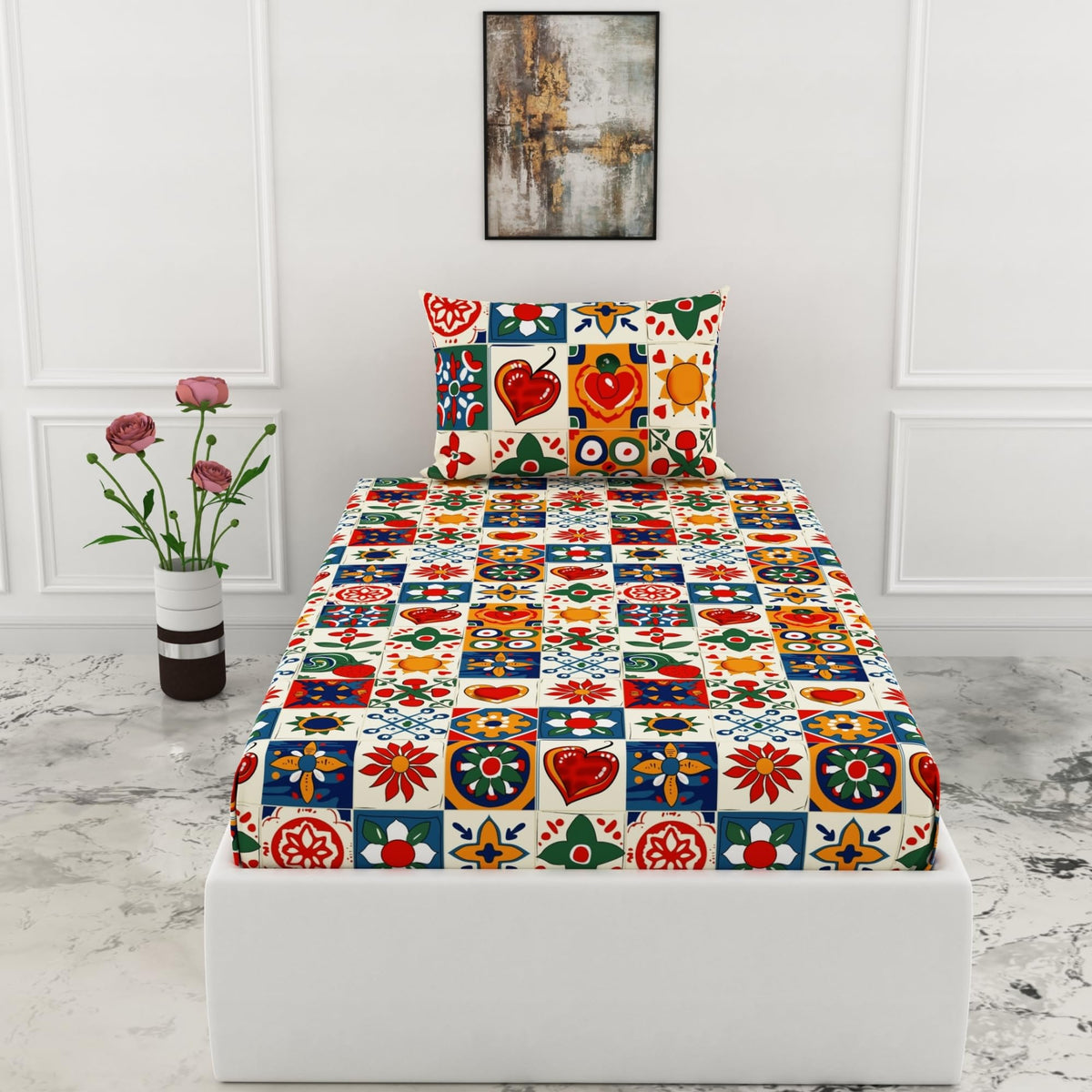 Loreto Cotton Single Fitted Bedsheet | Red & Cobalt Blue 144 TC