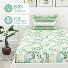 Loreto Green Leafy Haven Single Fitted Bedsheet | 100% Cotton | Fits 72 x 36 Inches | 8 Inch Pocket