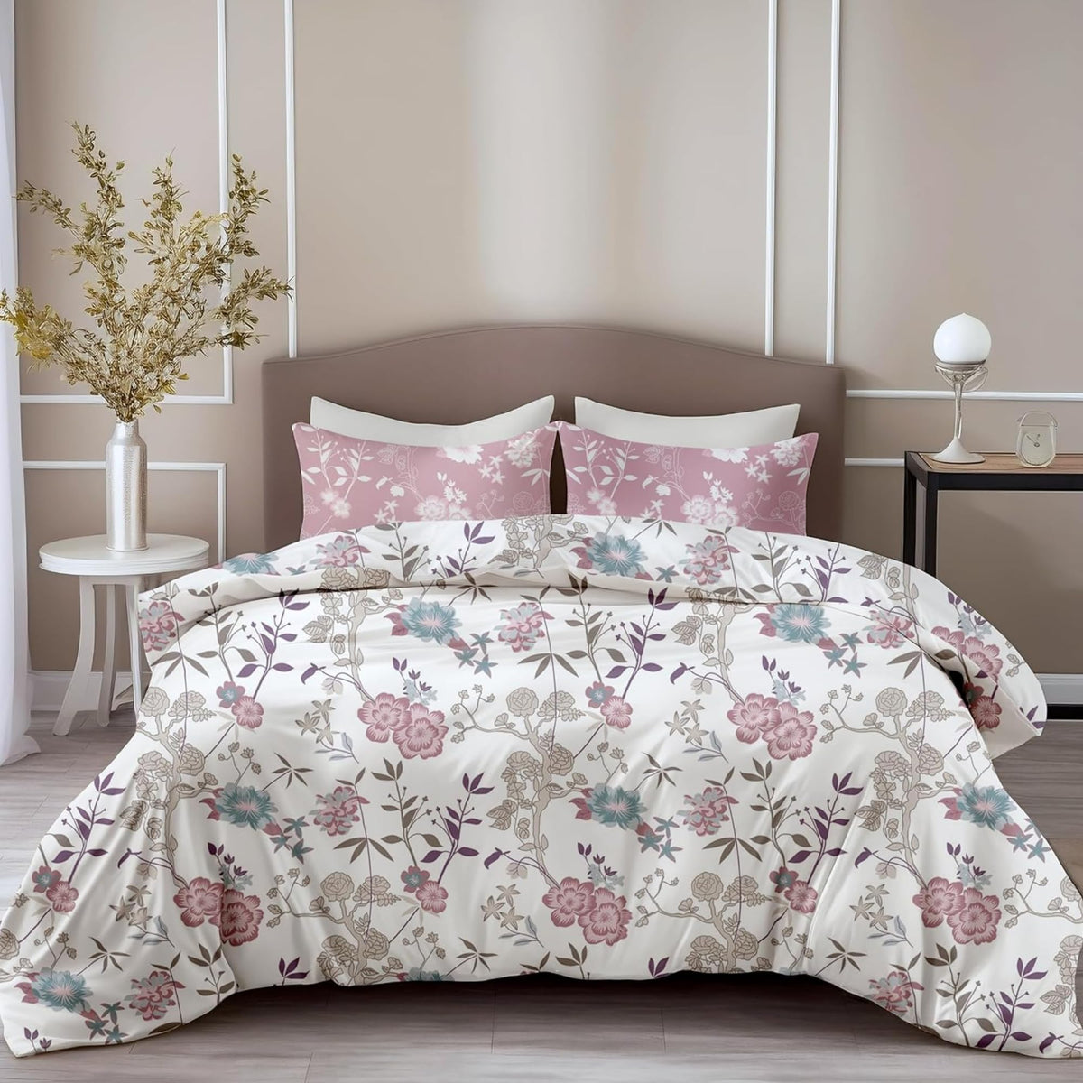 Loreto Cotton King Bedsheet | Blush Pink & Teal Blooms Soft & Breathable