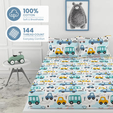 Bubblegum Blue Bus & Banana Yellow Cars 100% Cotton King Fitted Bedsheet, 144 TC