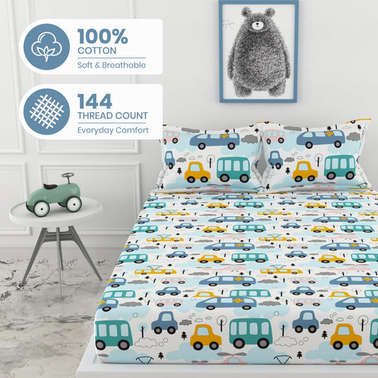 Bubblegum Blue Bus & Banana Yellow Cars 100% Cotton King Fitted Bedsheet, 144 TC