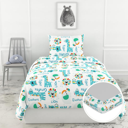 Aqua & Rainbow Animal 144 TC 100% Cotton Elastic Fitted Single Bedsheet with 1 Pillow Cover - 78 x 36 Inches