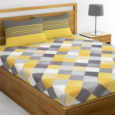 Loreto Cotton King Bedsheet | Yellow & Grey Checkered
