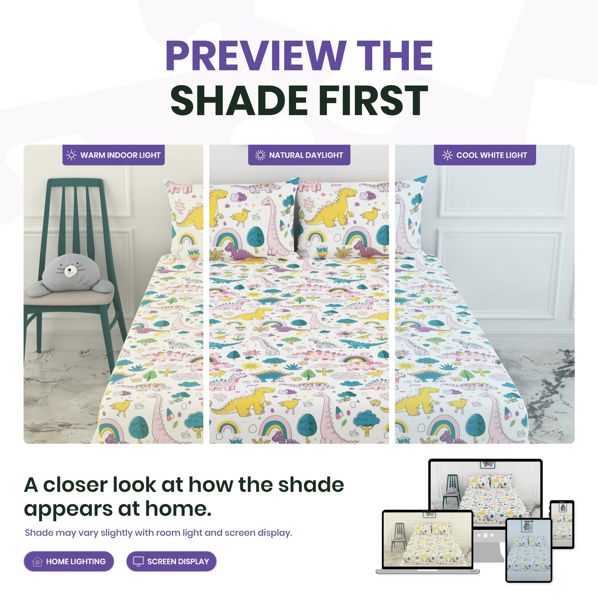 Rainbow Dino Fun & Deep Blue Olive Waves 100% Cotton Double Fitted Bedsheet with 2 Pillow Covers, 144 TC, 78 x 60 Inches