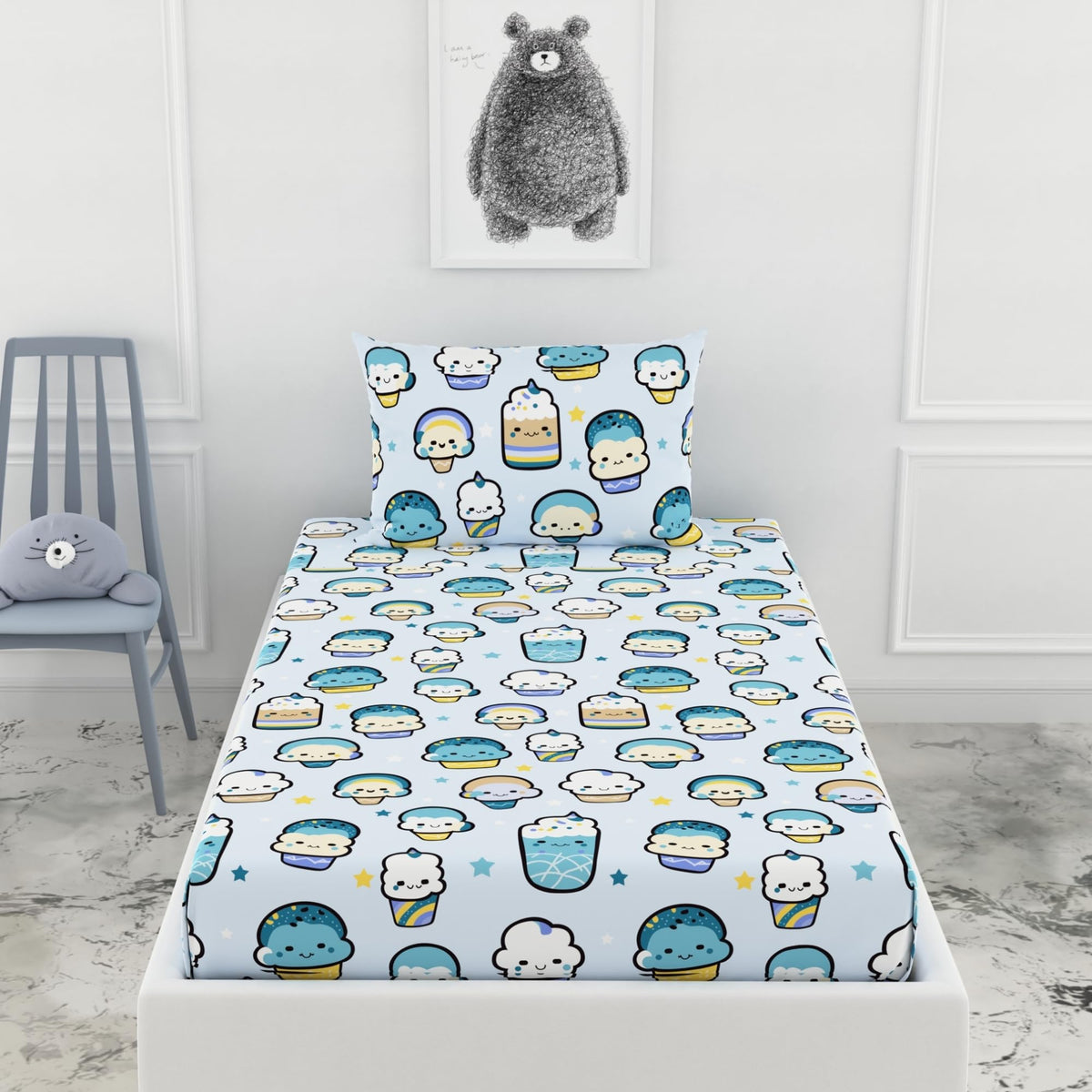 Loreto Kawaii Pastel Sky Drinks Single Fitted Bedsheet | 144 TC | 100% Cotton | Fits 72 x 36 Inches | 8 Inch Pocket - main product image