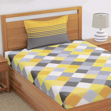 Yellow & Grey Checkered 100% Cotton Single Fitted Bedsheet, 144 TC