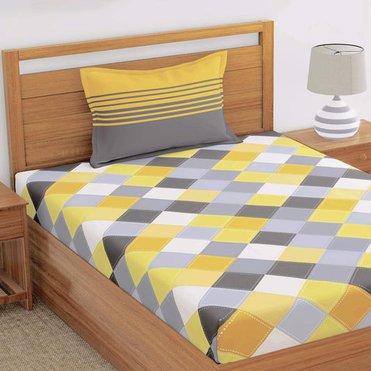 Yellow & Grey Checkered 100% Cotton Single Fitted Bedsheet, 144 TC