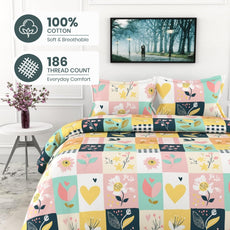 Pastel Garden on White Grid 186 TC Cotton Double Bedsheet, 90 x 90 Inches - Soft Percale Weave with 2 Pillow Covers, Durable & Breathable