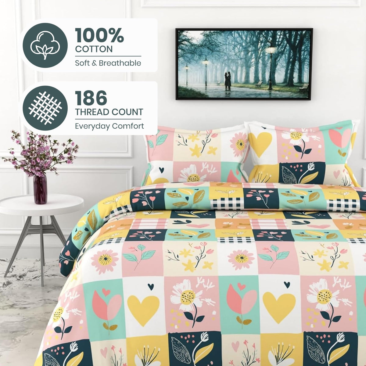 Pastel Garden on White Grid 186 TC Cotton Double Bedsheet, 90 x 90 Inches - Soft Percale Weave with 2 Pillow Covers, Durable & Breathable