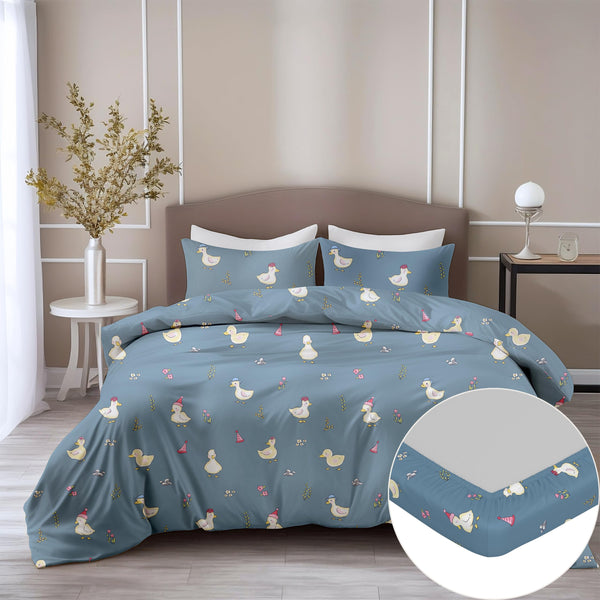Loreto Cotton Double Fitted Bedsheet | Pastel Blue Duck Party