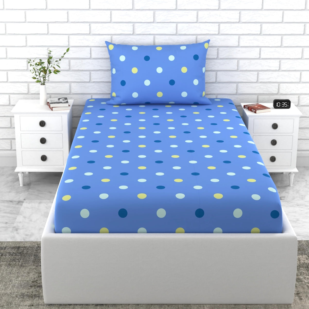 Loreto Blue, Polka Dot Single Bedsheet | 144 TC | 100% Cotton - main product image