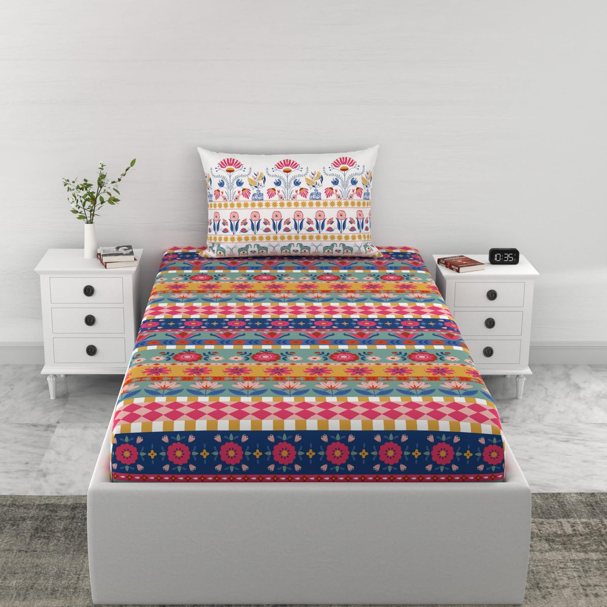 Loreto Multicolor Folk Floral Stripes Single Fitted Bedsheet | 186 TC | 100% Cotton | Fits 78 x 36 Inches | 8 Inch Pocket - main product image