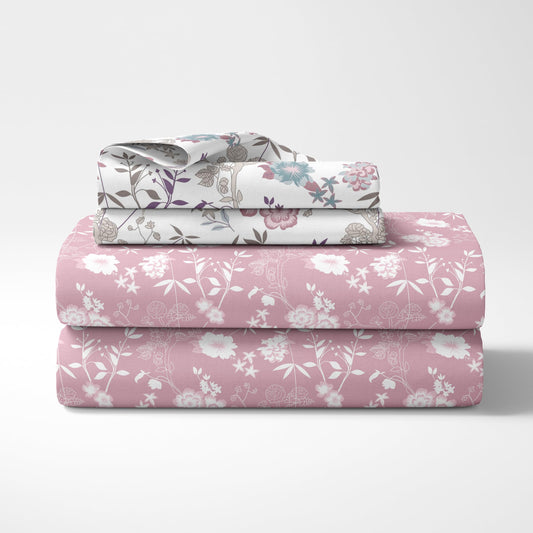 Loreto Cotton Single Fitted Bedsheet | Soft Pink Florals 144 TC