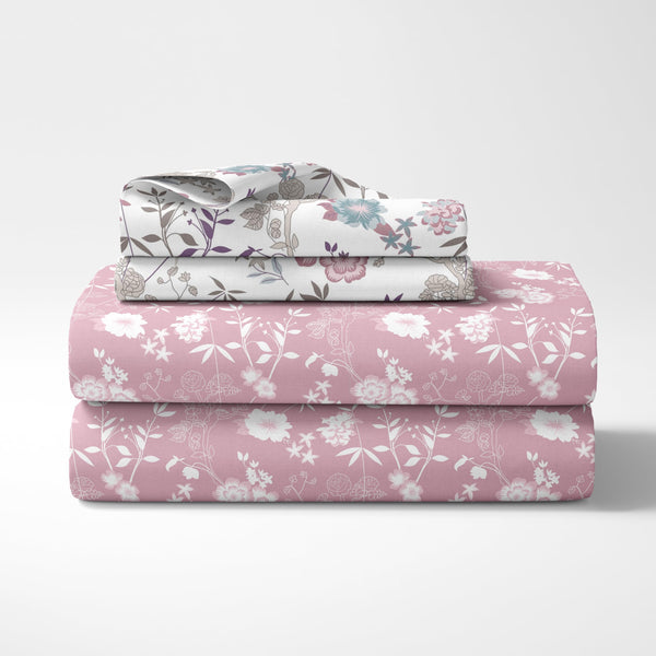 Loreto Cotton Double Fitted Bedsheet | Pink Floral