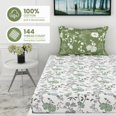 Green Floral Harmony 144 TC 100% Cotton Elastic Fitted Single Bedsheet with 1 Pillow Cover - 78 x 36 Inches