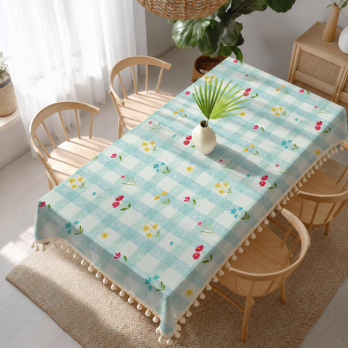 Loreto Minty Floral Check Cotton Dining Table Cover | 48 x 60 Inches - main product image