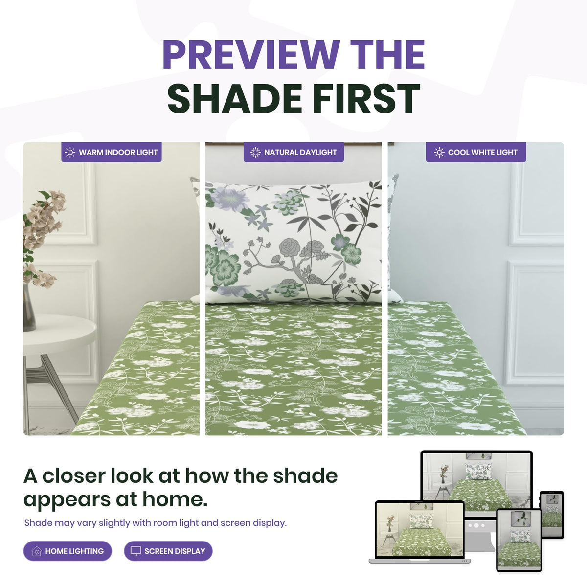 Green Floral Elegance 144 TC 100% Cotton Elastic Fitted Single Bedsheet with 1 Pillow Cover - 78 x 36 Inches