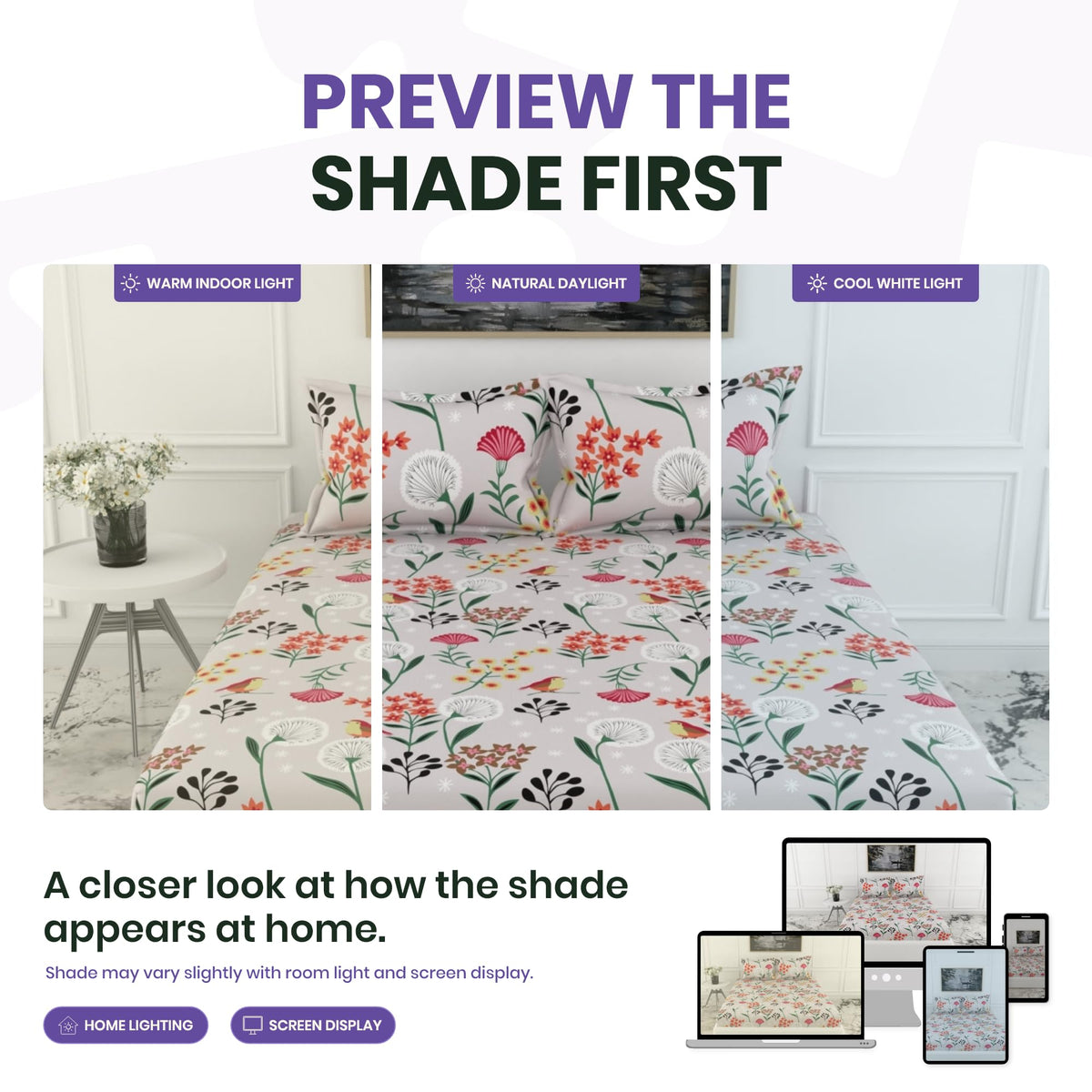 Lavender Grey Spring Harmony Double Fitted Bedsheet - 100% Cotton with 2 Pillow Covers (78 x 60 Inches + 8 Inch Pocket)