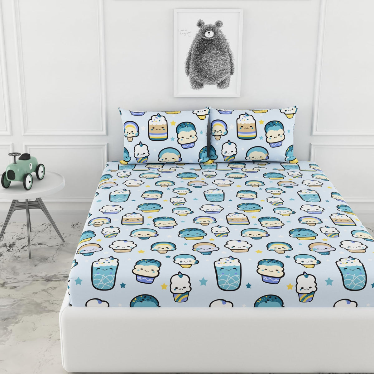 Loreto Kawaii Pastel Sky Drinks Double Fitted Bedsheet | 144 TC | 100% Cotton | Fits 72 x 60 Inches | 8 Inch Pocket - main product image
